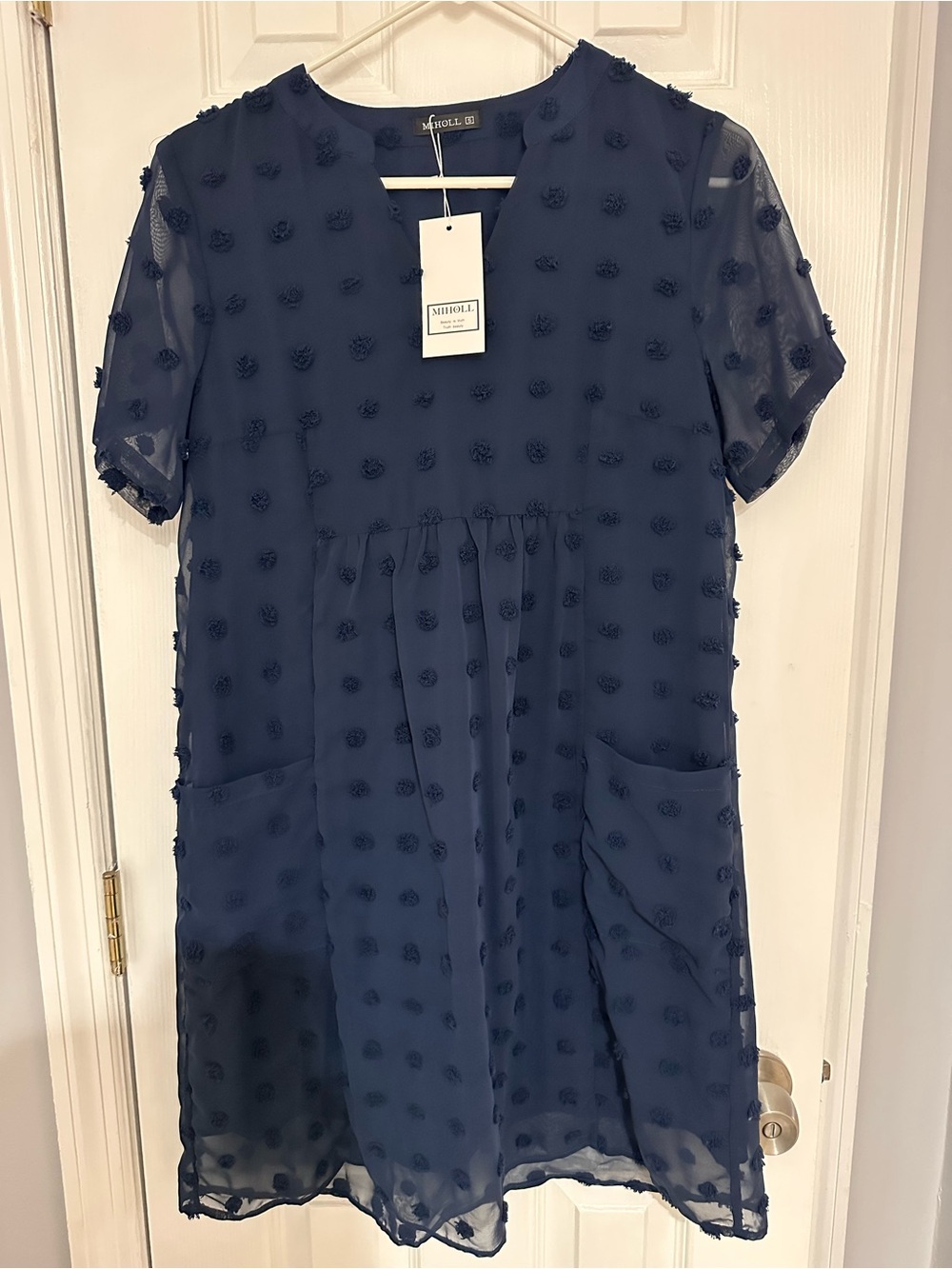 Textured Dot Navy Mini Dress with Pockets